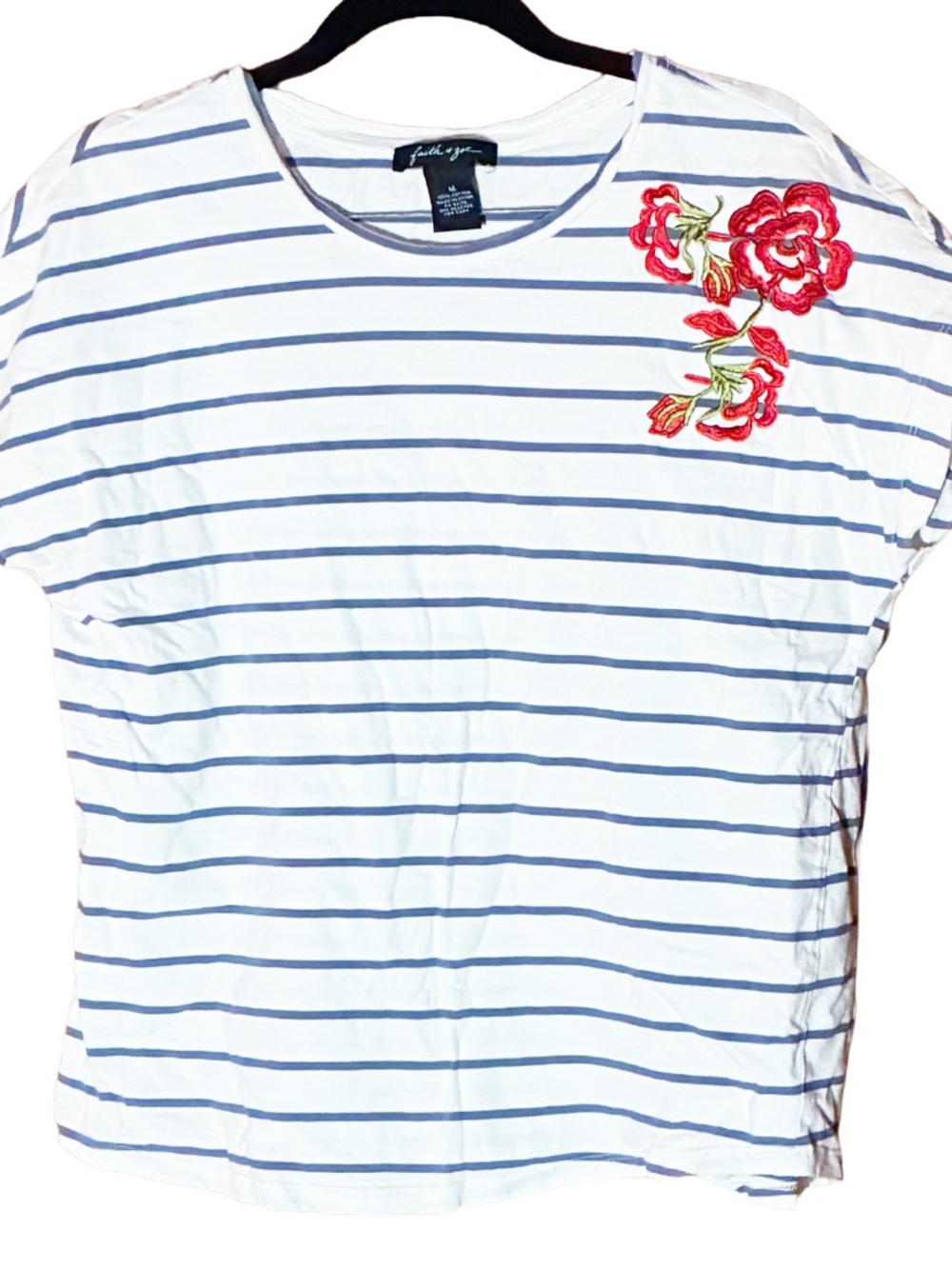 Top Embroidered Floral Blue Striped Nautical Tshirt Short Sleeve Cotton Blouse